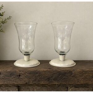 Vtg Homco Clear Glass Etched Parklane Votive Peg Cup Candle Holder W/ Base (2)